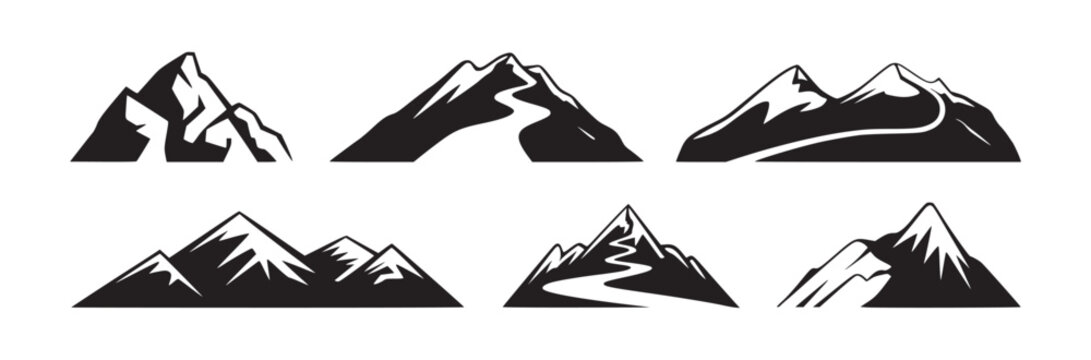 A set of six mountain illustrations in black and white showing different peaks and mountain formations