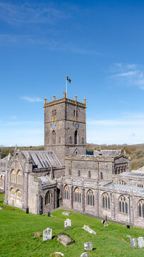 St David's Cathedral in Wales with clear blue sky