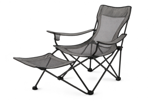Grey folding camping chair with footrest isolated, transparent background.