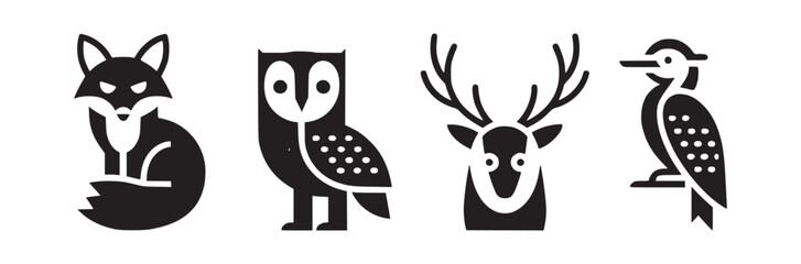 Four black and white animal icons featuring a fox owl deer and woodpecker on a white background