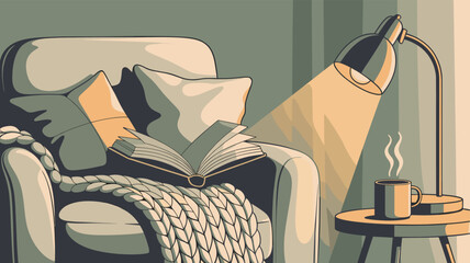A cozy reading nook scene with an open book, warm lamp, and inviting ambiance.
