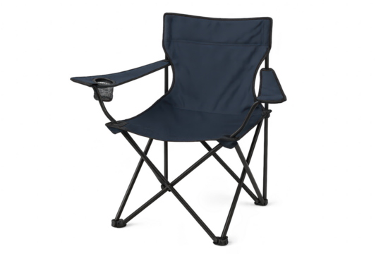 Dark blue folding camping chair, cup holder, isolated on transparent background