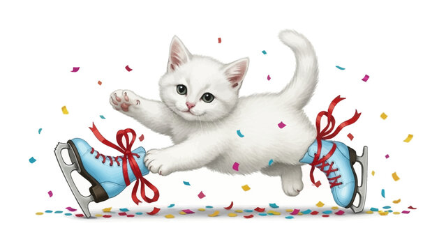 Whimsical Whiskers on Ice: A charming illustration depicts a playful kitten gracefully skating, ribbons playfully tied to its skates and celebrating with confetti.