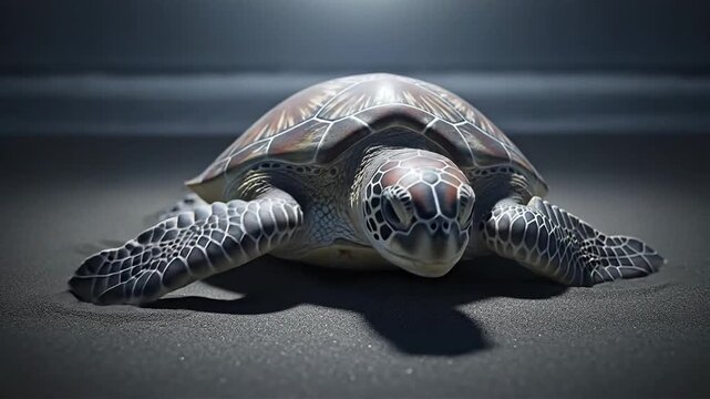 Close up of a sea turtle on a dark surface with dramatic lighting.