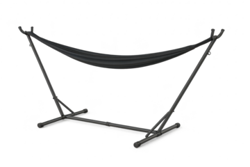 Modern black fabric hammock on a sturdy metal stand, isolated on transparent background