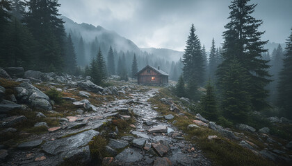 Misty Mountain Cabin Morning Photography, Tranquil Nature Atmosphere