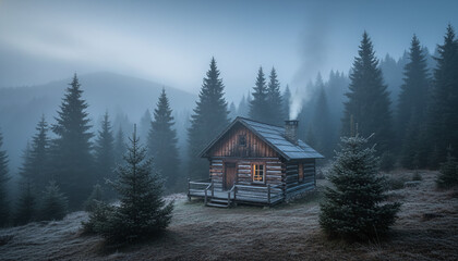 Misty Mountain Cabin Morning Photography, Tranquil Nature Atmosphere