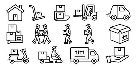 Black outline icons depicting moving and delivery services on a white background