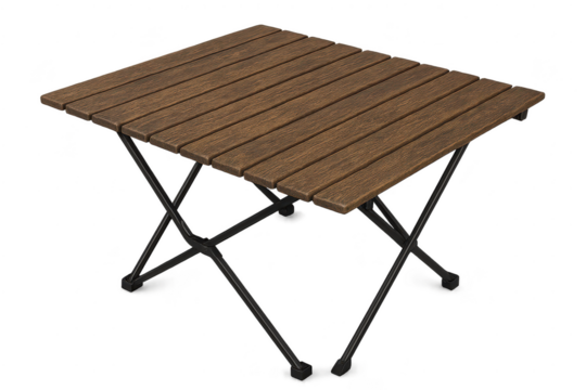 Portable wooden slatted folding table isolated on transparent background, patio furniture