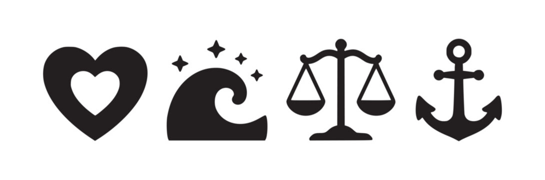 A collection of four black and white icons including a heart wave scales and an anchor symbol sign