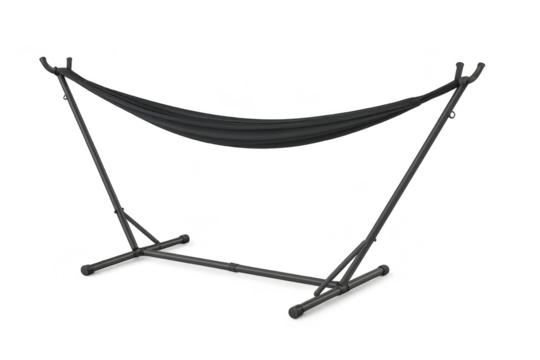 Modern black fabric hammock on a sturdy metal stand, isolated on transparent background