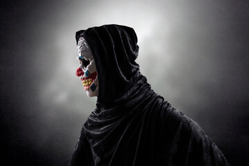 Portrait of a scary clown over dark misty background with clipping path