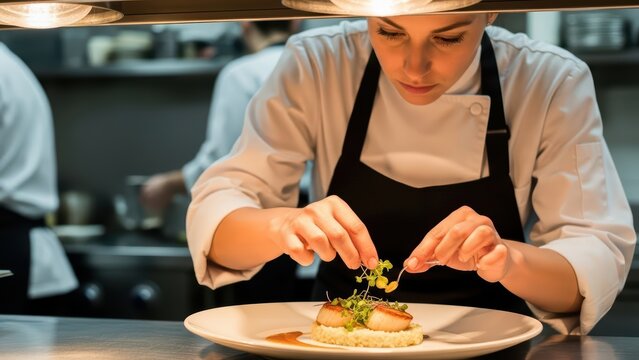 Focused female chef perfecting dish in professional kitchen setting - Powered by Adobe