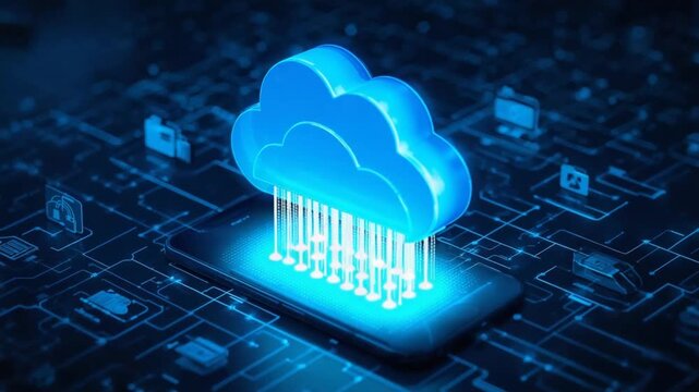 Digital cloud icon hovering above a smartphone displaying glowing data streams on a dark circuit board background with smaller icons