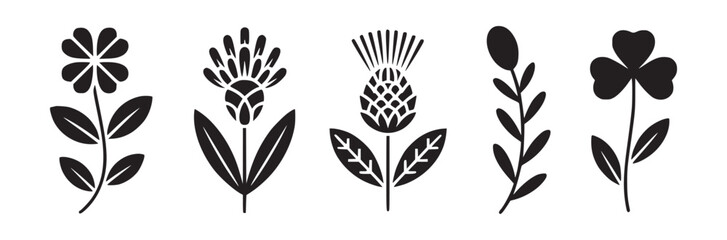 Five floral icons in black silhouette featuring various flower and leaf shapes on a white background