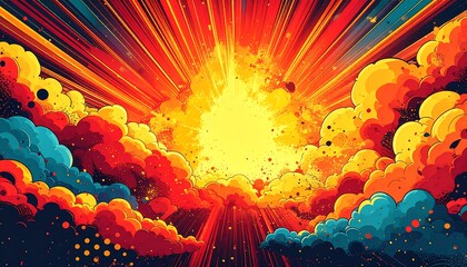Obraz premium Vibrant sky with bursts of orange & yellow light amid clouds. Digital illustration, dynamic composition, intense colors