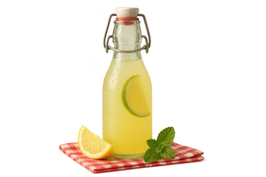 Refreshing lemonade bottle with lemon and mint, on transparent background