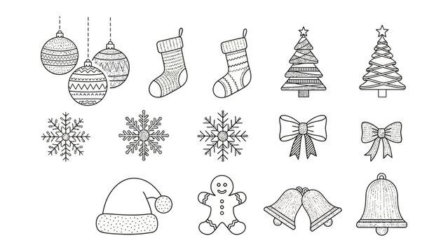 Festive Holiday Icons: A collection of meticulously crafted, festive icons of Christmas elements, each drawn with intricate details that bring to life the magic of the holiday season.
