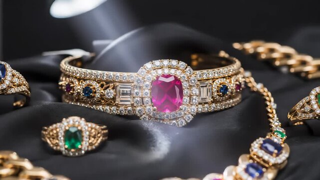 A luxurious assortment of fine jewelry showcased on a draped black satin cloth, including gemstone rings and a diamond-encrusted bracelet with a central ruby.