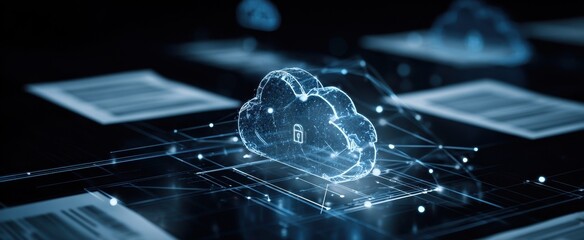 The Cloud Lock Hologram Over a Digital Network Grid Representing Secure Data Connectivity