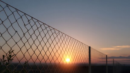 Chain link fence against a beautiful sunset sky with orange and blue gradients