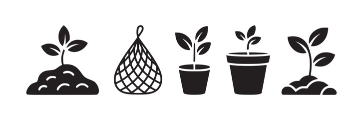 A set of black silhouette icons depicting plants growing in soil and pots with a net bag icon too