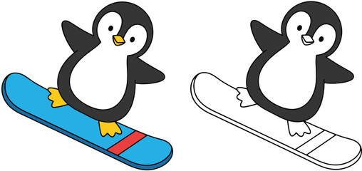 Cute cartoon penguin snowboarding vector illustration set featuring a colorful character and black and white line art outline for coloring book page or mascot design