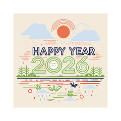 Happy New Year 2026 Nature Outline Illustration for Greeting Card or Banner