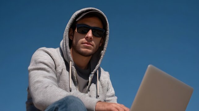 Young man wearing a hoodie and sunglasses intensely types on a laptop computer outdoors under a clear blue sky