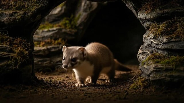 A stoat, also known as a short-tailed weasel, emerges from a dark cave, its fur a mix of brown and white, with a curious expression, exploring its natural habitat.