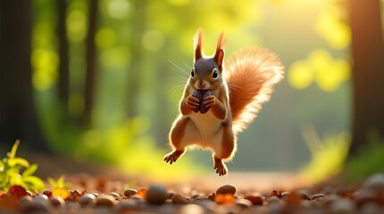 A squirrel mid-jump holding a mouthful of nuts