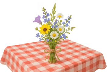 Wildflower bouquet on a red checkered table, isolated on transparent background.