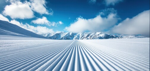 The Groomed Snow Slope Leading Toward Distant Snow-Covered Mountains Under Clear Blue Sky