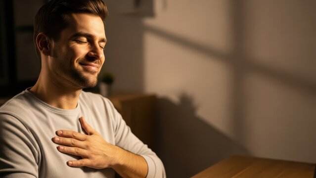 Young caucasian male smiling with hand on heart in warm lighting