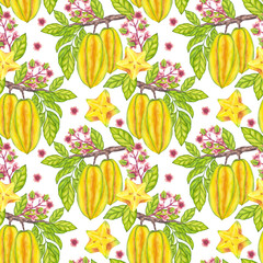 Seamless Pattern with Starfruit hanging blooming tree branch, green leaf foliage. Yellow tropical fruit Carambola or Bilimbi. Botanical exotic star apple. Hand drawn illustration isolated background