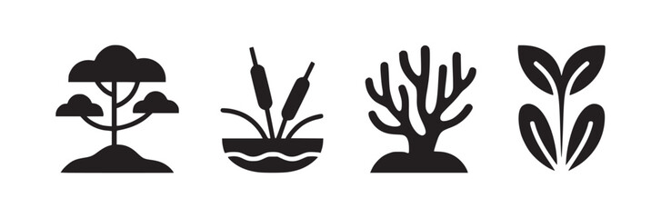 Four black and white nature icons including a tree cattails coral and a plant in a row isolated