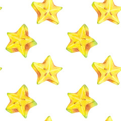 Seamless Pattern with Starfruit slice yellow tropical fruit. Averrhoa carambola or Bilimbi. Botanical exotic star apple. Hand drawn watercolor illustration isolated on white background. For menu