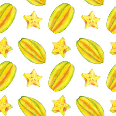 Seamless Pattern with Starfruit whole and slice yellow tropical fruit. Averrhoa carambola or Bilimbi. Botanical exotic star apple. Hand drawn watercolor illustration isolated on white background