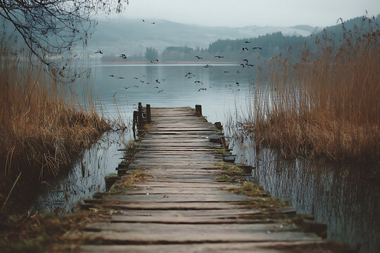 Weathered Wooden Pier on Calm Lake with Flying Birds and Misty Hills - Powered by Adobe