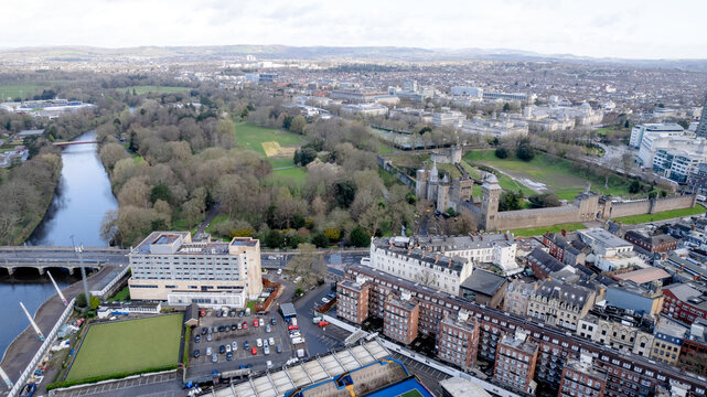 Aerial view of canal and Cardiff Castle in Bute Park