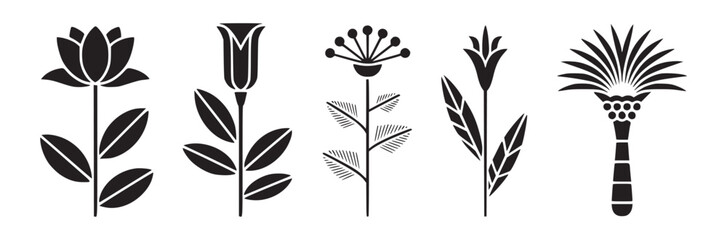Five black and white stylized floral designs in a row with different flower and leaf shapes