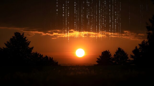 A dramatic sunset landscape with streaks of digital code falling from the sky evoking a blend of nature and technology