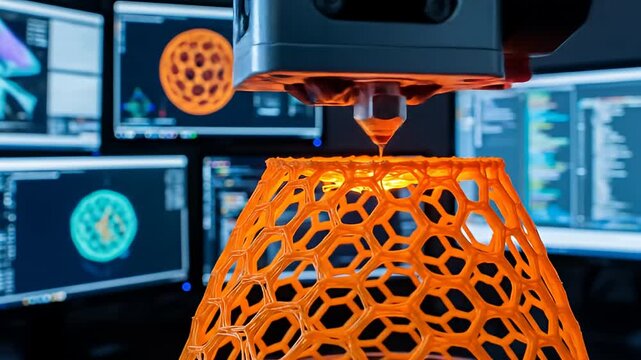 3D Printer Creating an Orange Hexagonal Object.