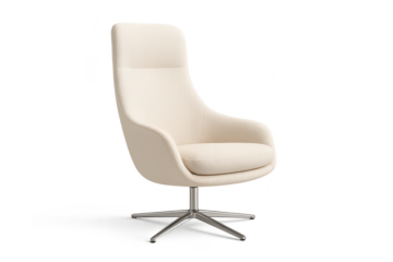 Elegant cream high-back fabric armchair isolated on transparent background