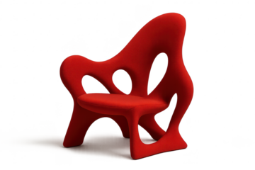 Red organic modern chair, distinct form, isolated on transparent background.
