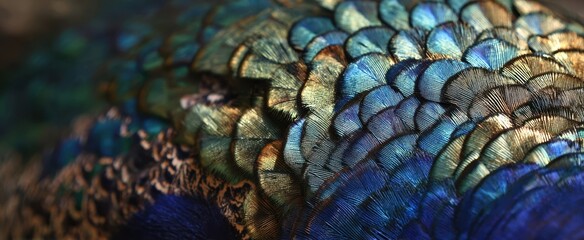 Fototapeta premium The Peacock Feathers Close-Up Showcasing Iridescent Blue Green Shimmer and Intricate Texture