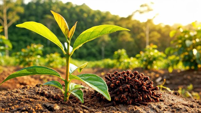 A young plant grows beside a cluster of cloves in a sunlit field with a  lush forest in the background