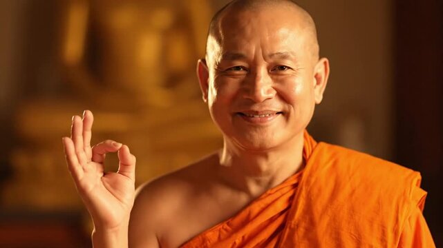 Smiling Buddhist monk in orange robe making gesture, peaceful temple setting