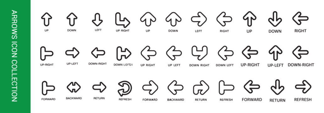 Arrows icon collection set, up down left right return forward backward refresh vector illustration