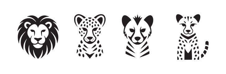 Obraz premium Black and white vector illustration of lion and cheetah heads in a row on a white background design